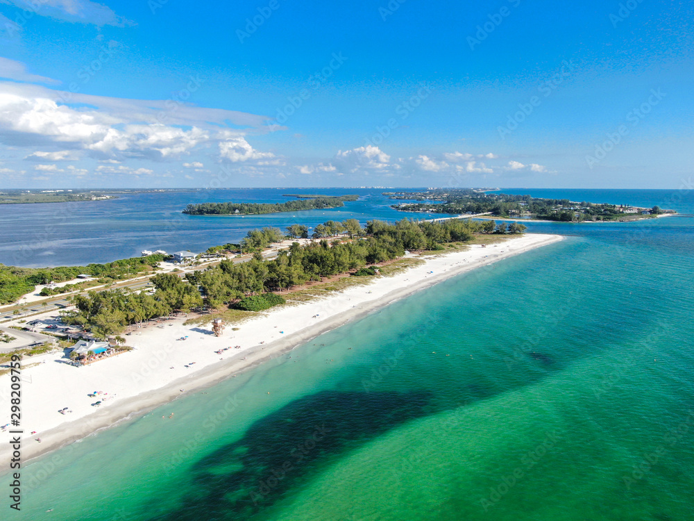 Aerial view of Anna Maria Island, white sand beaches and blue water, barrier island on Florida Gulf Coast. Manatee County. USA