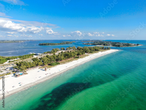Aerial view of Anna Maria Island  white sand beaches and blue water  barrier island on Florida Gulf Coast. Manatee County. USA