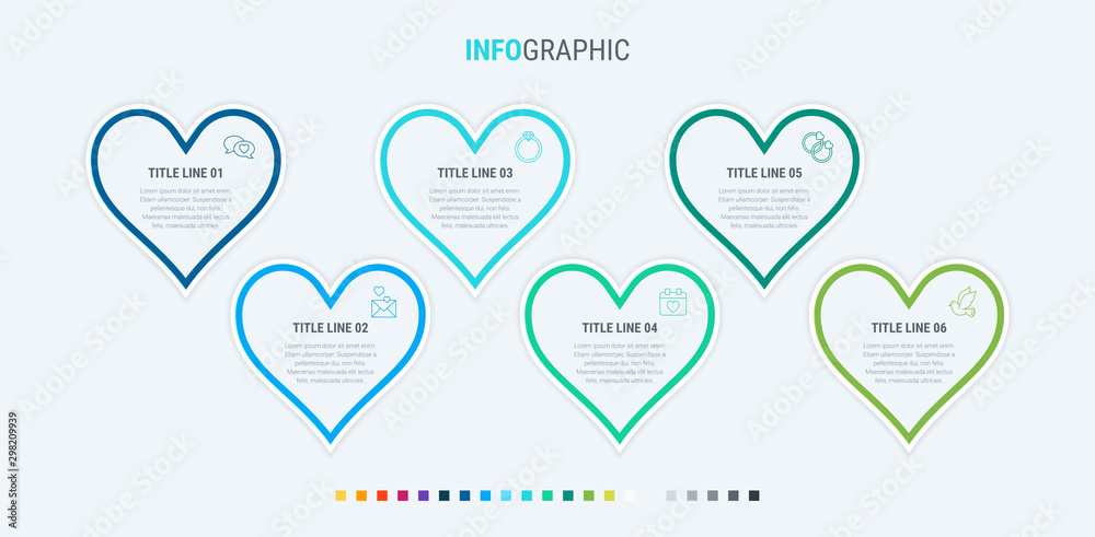 Infographic template. 6 hearts design with beautiful colors. Vector timeline elements for presentations. Cold palette.