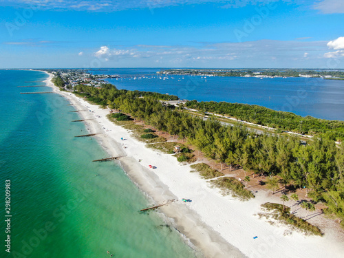 Aerial view of Anna Maria Island, white sand beaches and blue water, barrier island on Florida Gulf Coast. Manatee County. USA photo