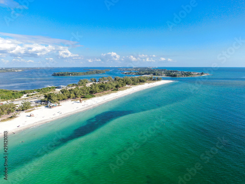 Aerial view of Anna Maria Island  white sand beaches and blue water  barrier island on Florida Gulf Coast. Manatee County. USA
