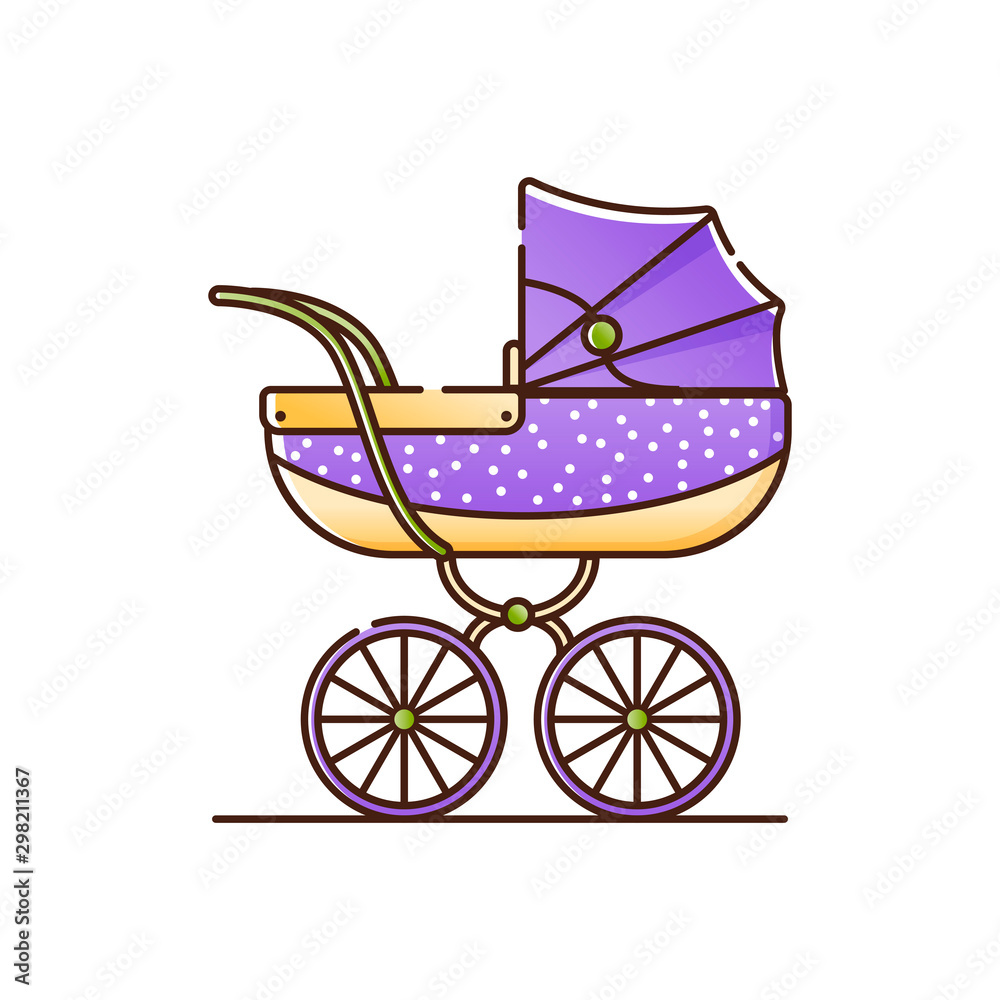 Baby purple stroller with white polka dots. Vector isolated object on a white background. Birth of a baby boy or girl