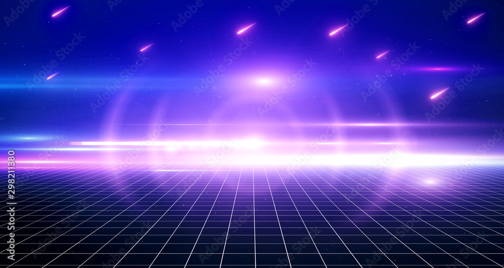 Retro Sci-Fi Background Futuristic Grid landscape of the 80`s. Digital Cyber Surface. Suitable for design in the style of the 1980`s. 3D illustration