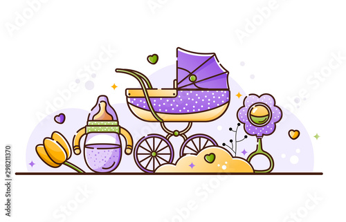 Vector illustration with baby accessories. Stroller, baby milk bottle and toy. Birth of a boy or girl child. Linear style print on a white background.