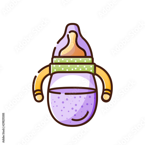 Children's purple bottle for milk or water. Vector isolated object on a white background. Birth of a baby boy or girl