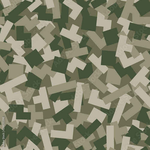 Vector geometric camouflage seamless pattern. Khaki design style for t-shirt. Military texture debris shape pattern  camo clothing while hunting illustration.