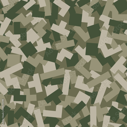 Vector geometric camouflage seamless pattern. Khaki design style for t-shirt. Military texture debris shape pattern, camo clothing while hunting illustration.