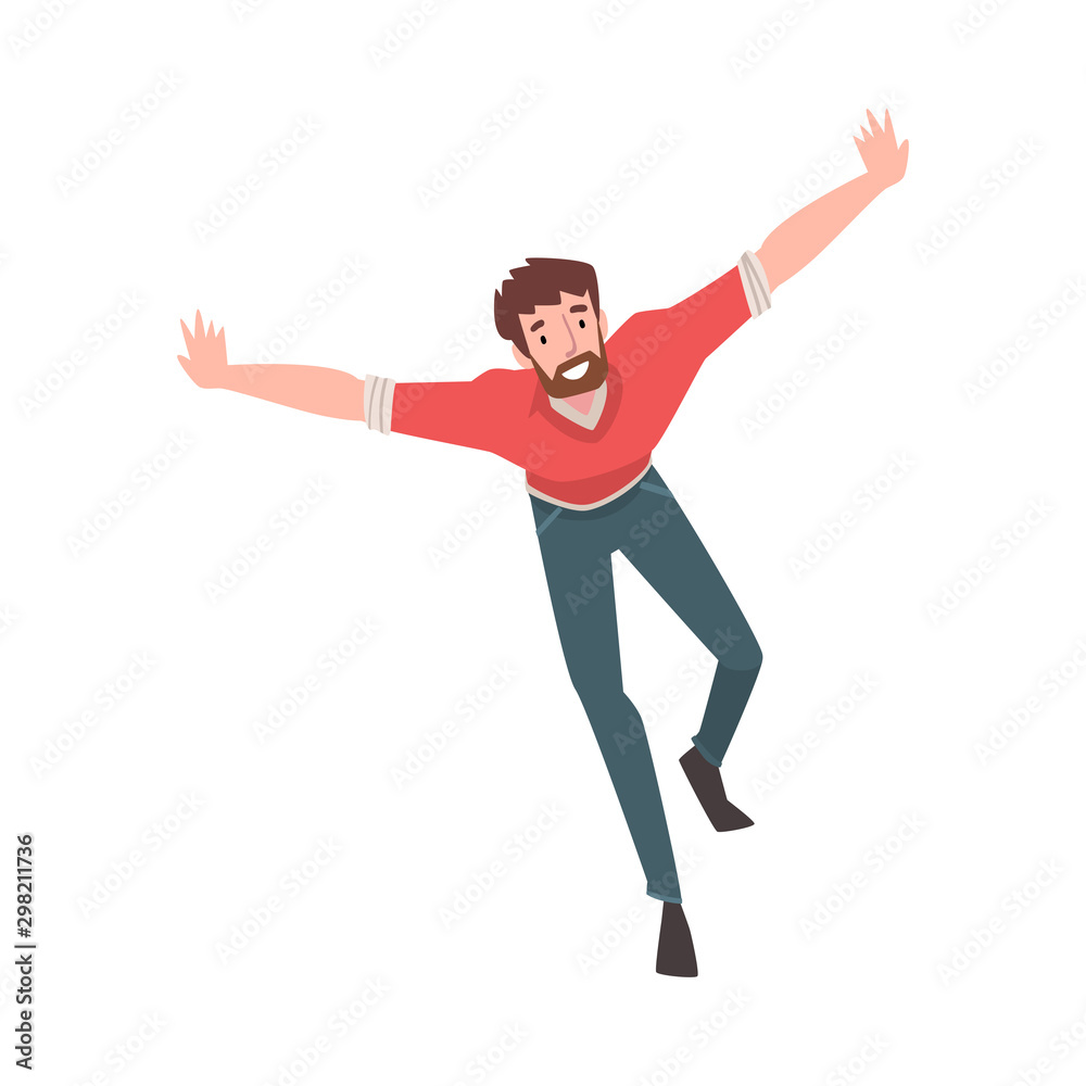 Smiling Bearded Man Running with Arms Outstretched, Happy Positive Person Character Vector Illustration
