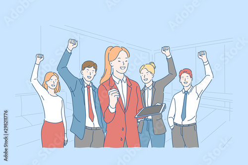 Success, motivation, teamwork concept. Happy office workers with raised hands, business people celebrating victory, professional achievement, partners collaboration. Simple flat vector