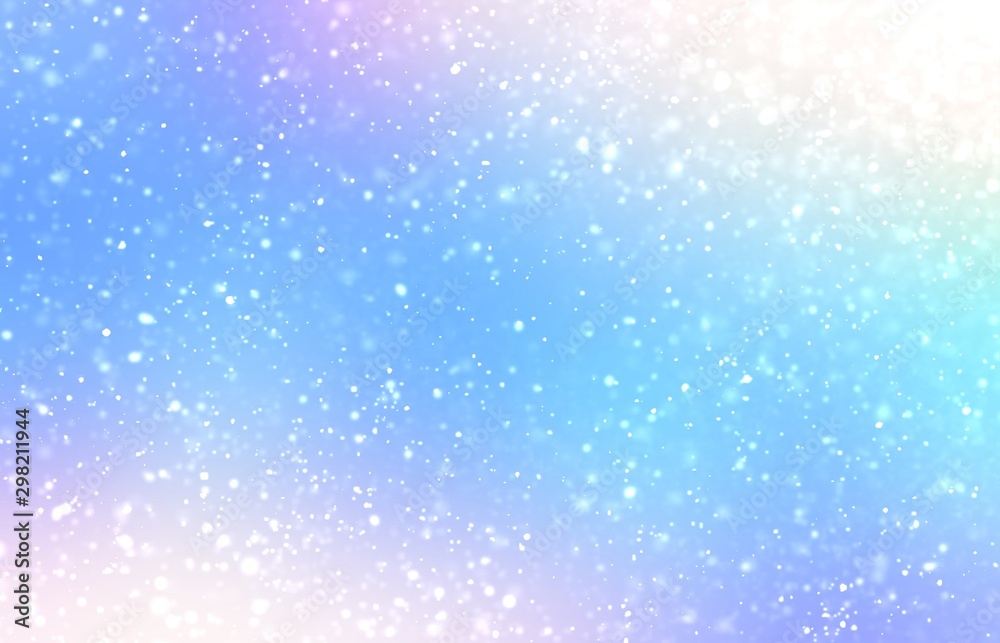 Winter fairy tale decoration. Snow transparent blurred texture. Abstract spectrum light background. Blue pink lilac white bright gradient.