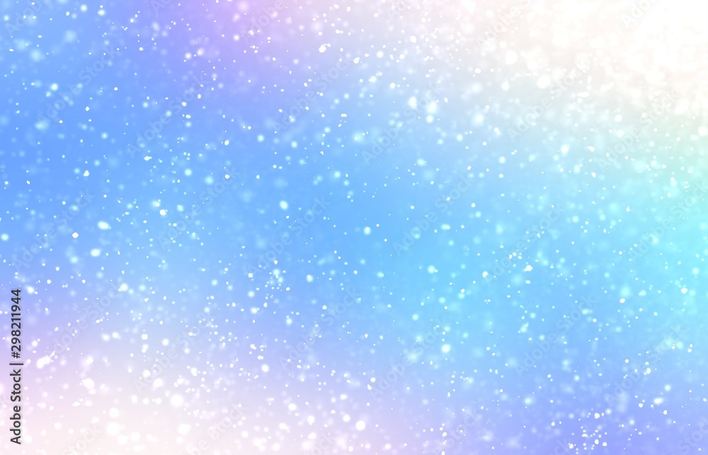 Obraz premium Winter fairy tale decoration. Snow transparent blurred texture. Abstract spectrum light background. Blue pink lilac white bright gradient.