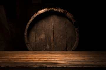 background of barrel and worn old table of wood