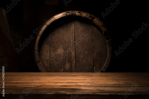 Canvas-taulu background of barrel and worn old table of wood