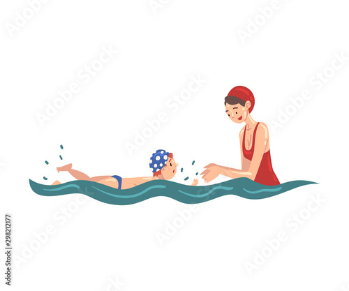 Mom Teaching her Little Son to Swim in Swimming Pool Vector Illustration