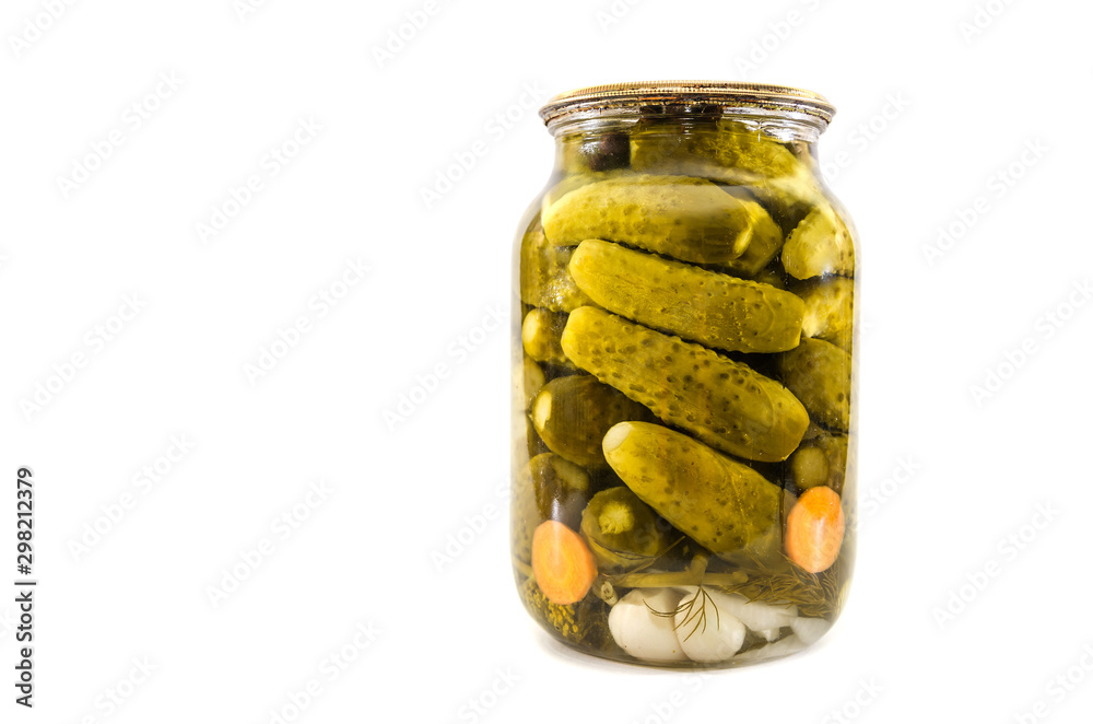 jar with pickled cucumbers isolated on a white background. jar with pickled cucumbers isolated on a white background.