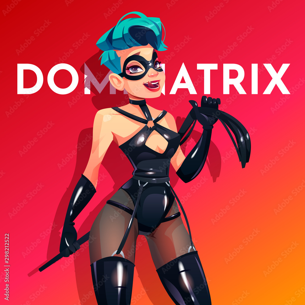 Dominatrix woman in bdsm latex costume licking lips. Dominant beautiful  sexy vamp mistress girl in black leather corset, long gloves collar and  mask posing with fetish whip Cartoon vector illustration Stock Vector