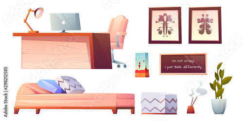 Psychologist, psychotherapist office stuff and furniture set isolated on white background, table with pc, armchair, couch with pillows, rorschach test, lamp plant Cartoon vector illustration, clip art