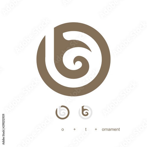 Circular logo with floral ornaments. The letters 