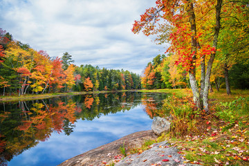 Fall foliage colors reflected in still lake water on a beautiful autumn day in New England