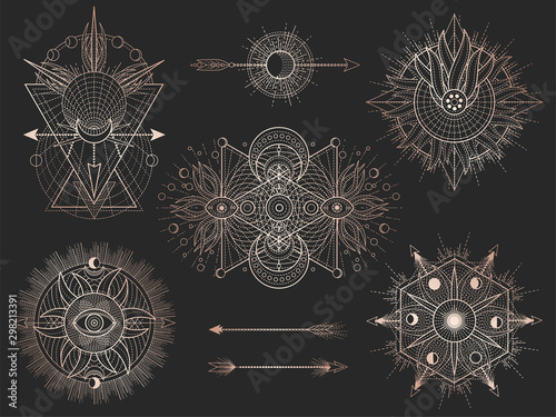 Vector set of Sacred geometric symbols and figures on black background. Abstract mystic signs collection.