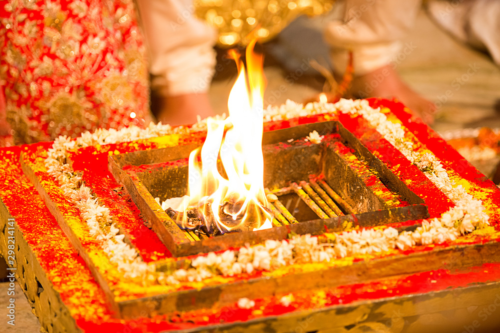 Closeuo Of Holy Fire In Traditional Indian Wedding Puja Ritual Taking 