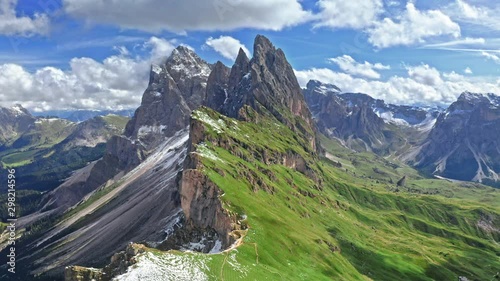 Areal view of Seceda in Dolomites with blue sky