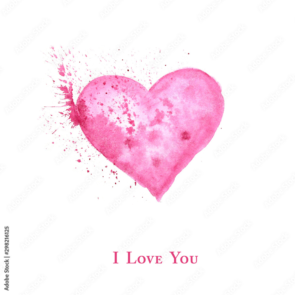 Watercolor hearts icon with splash Greeting card concept. Wedding or Valentine's Day banner, poster design with text I love you. Hand drawn red pink Love hearts isolated on white background.