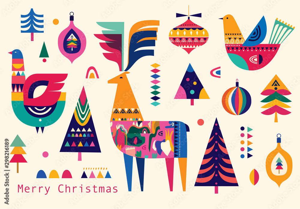 Christmas pattern in Scandinavian folk style with deer, Christmas tree, bird	