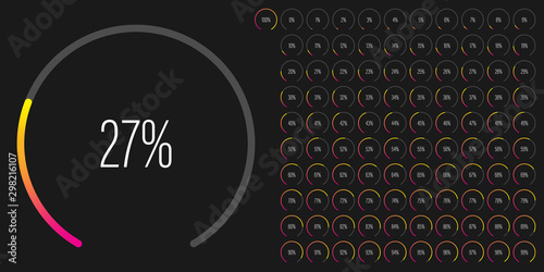 Set of circular sector percentage diagrams meters from 0 to 100 ready-to-use for web design, user interface UI or infographic - indicator with gradient from magenta hot pink to yellow