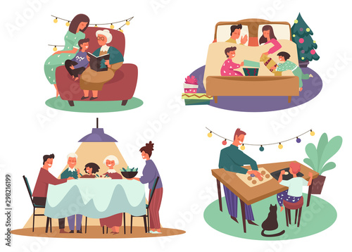 Family Christmas activity, winter holidays celebration, isolated icons
