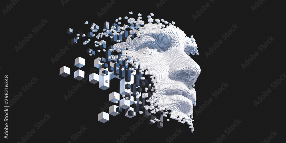 Fototapeta Abstract digital human face.  Artificial intelligence concept of big data or cyber security. 3D illustration 