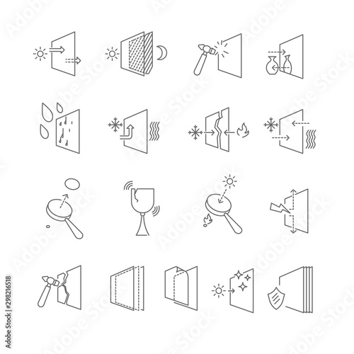 Glass material features and properties isolated outline icons