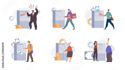 Bank Client Characters Using ATM Flat Vector Set