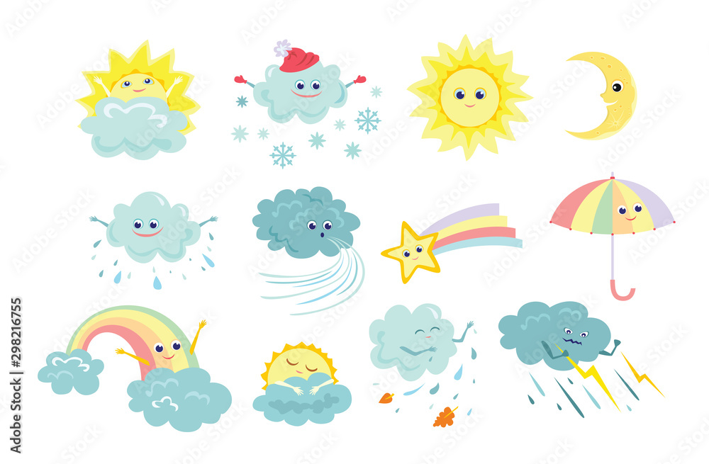 Funny weather icons set isolated on white background. Vector illustration of sun, rain, storm, snow, wind, moon, star with rainbow tail, rainbow, umbrella in cartoon simple flat style. Cute characters