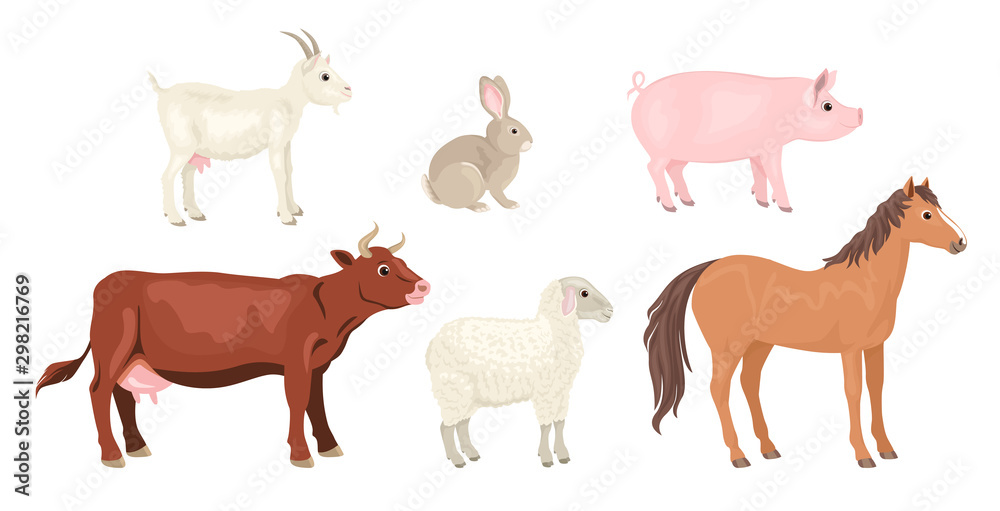 Farm animals set isolated on white background. Vector illustration of  horse, cow, goat, sheep, pig and rabbit in cartoon simple flat style.