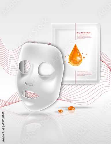 Facial White Sheet cosmetic cloth face mask and sachet package with Falling drop of golden liquid and shiny molecules around.Beauty product packaging design for skin care emulsion, cream, serum
