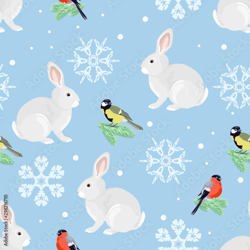 Christmas seamless pattern. Hare, bullfinch, tit on fir branches and snowflakes. Cute animal and bird on blue background. Vector illustration in cartoon simple flat style. New Year winter decoration.