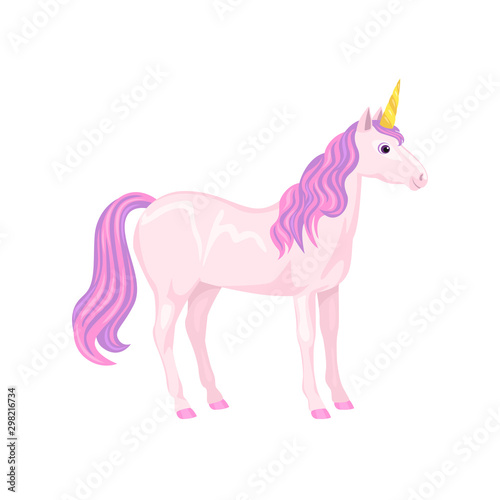 Unicorn horse isolated on a white background. Cute fairytale character in pink color. Vector illustration in cartoon simple flat style.