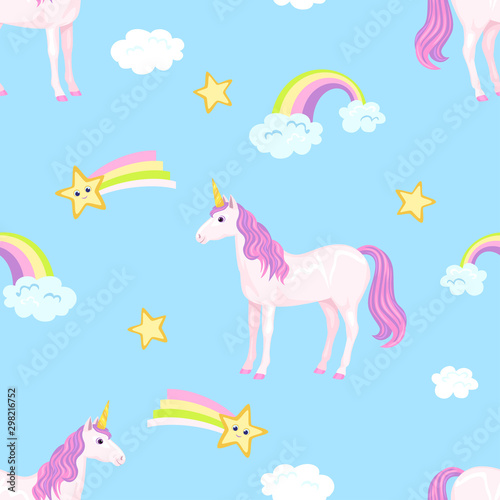 Seamless pattern with unicorns, stars, rainbow and clouds on blue background. Vector kid illustration of cute characters in cartoon simple flat style.