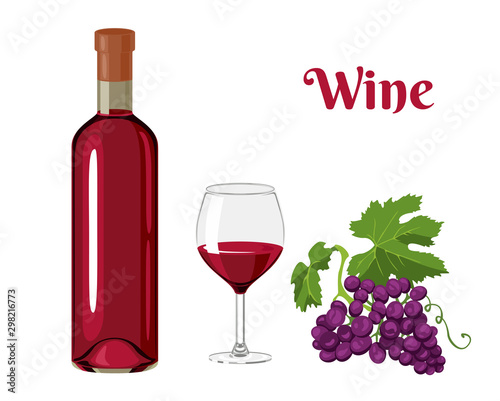 Red wine in a bottle, a glass with wine and a bunch of grapes isolated on white background. Vector illustration of an alcoholic drink in cartoon simple flat style.