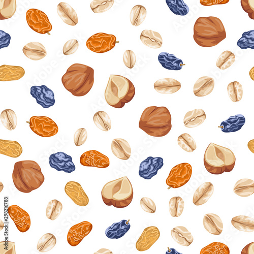 Muesli seamless pattern. Hazelnuts, raisins and oatmeal isolated on a white background. Vector illustration of a healthy meal in cartoon flat simple style. Organic food.