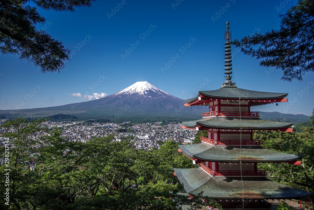Fujiyoshida, Japan at Chureito Pagoda and Mt. Fuji in the summer