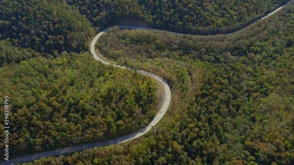 From a great height Serpentine asphalt road curved among autumn forest. Active movement machine. Travel logistics film. Countryside nature landscape. Russia. Aerial drone Top