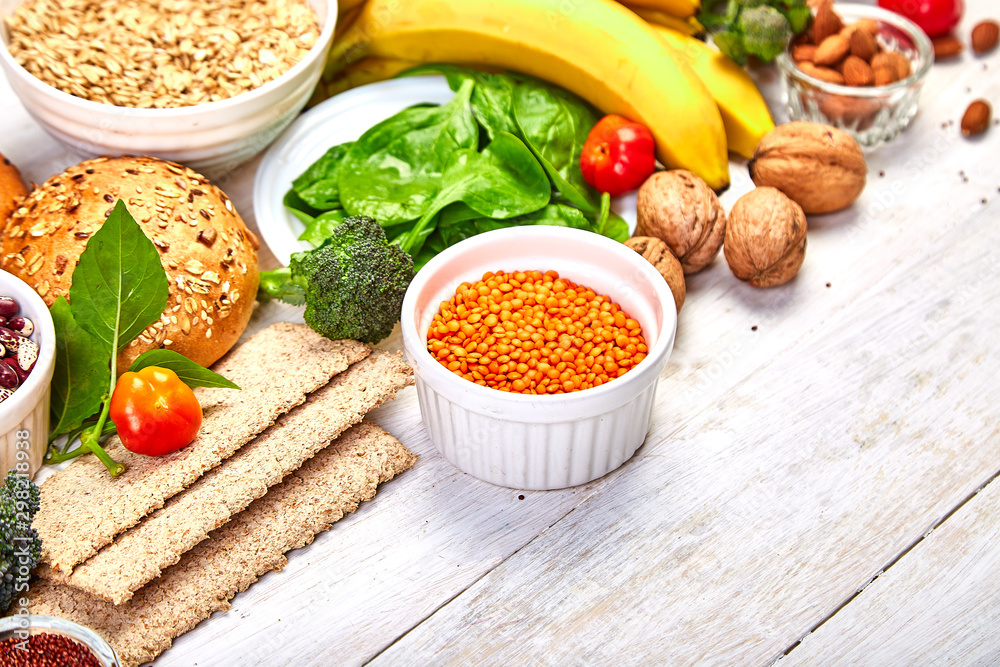 Selection food rich in fiber on white wooden background, Healthy diet food product. Top view, flat lay, copy space.. Selection food rich in fiber on white wooden background, Healthy diet food product. Top view, flat lay, copy space..