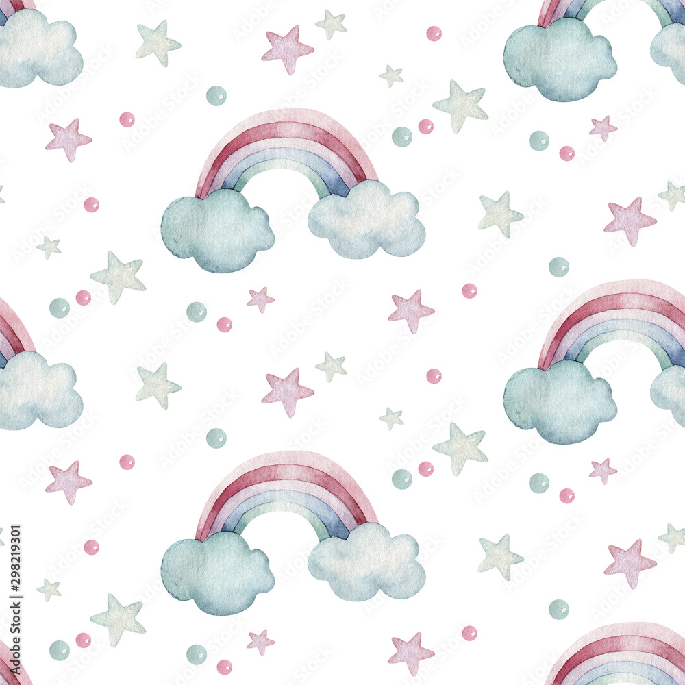 Baby shower kid swan watercolor girl seamless pattern butterfly cartoon elements. Set of baby pink dress and baby's bootees birthday illustration. Newborn rainbow party invitation Baby shower kid swan watercolor girl seamless pattern butterfly cartoon elements. Set of baby pink dress and baby's bootees birthday illustration. Newborn rainbow party invitation