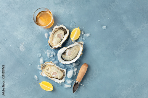 Fresh raw oysters, overhead shot on ice with a glass of white wine, lemon slices, shucking knife and a place for text photo