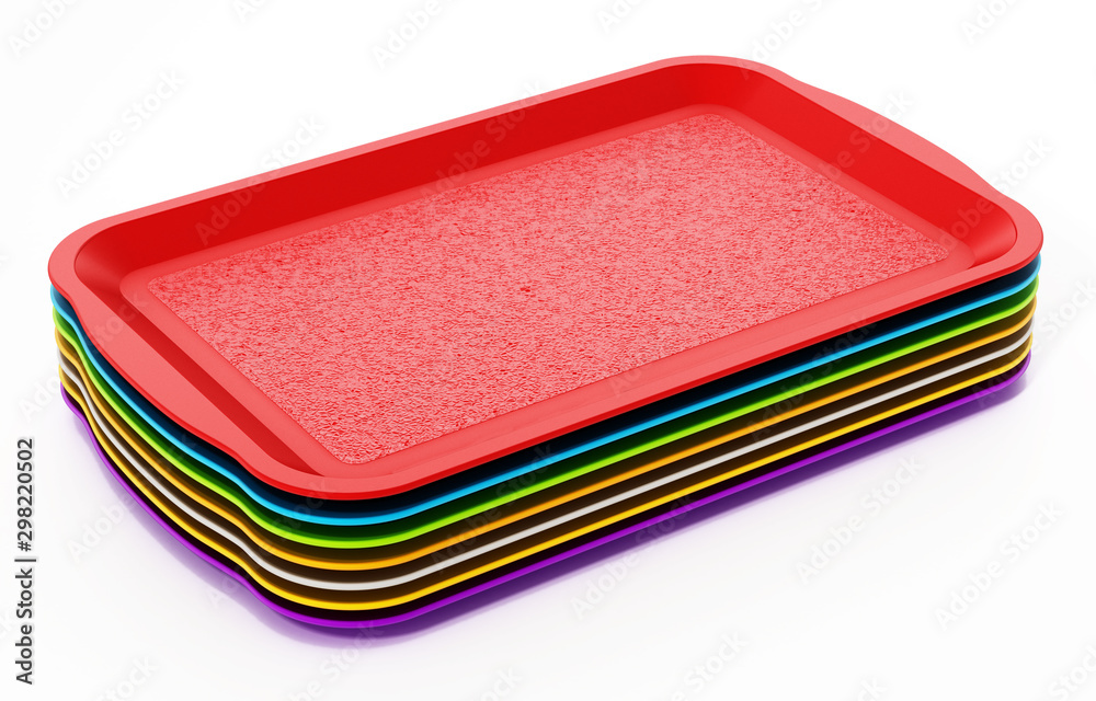 Stack of plastic trays isolated on white background. 3D illustration Stack of plastic trays isolated on white background. 3D illustration