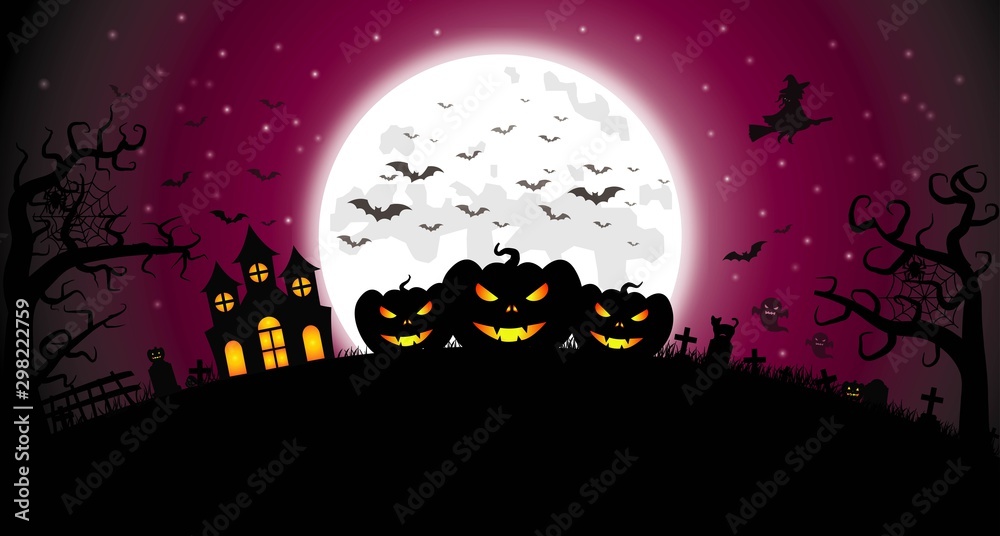Carved pumpkins on the background of the moon and the starry sky. Bats, crosses in the cemetery. Design for an invitation, banner, poster for a Halloween party.  illustration.