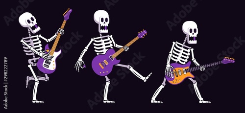 Skeleton with an electric guitar plays rock music in various poses. Cartoon skeleton guitarist. Vector illustration.