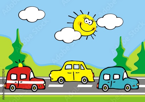 Landscape, group of cars on the road and mountain and trees, vector illustration. At the background is blue sky and sun. Cute illustration for children.